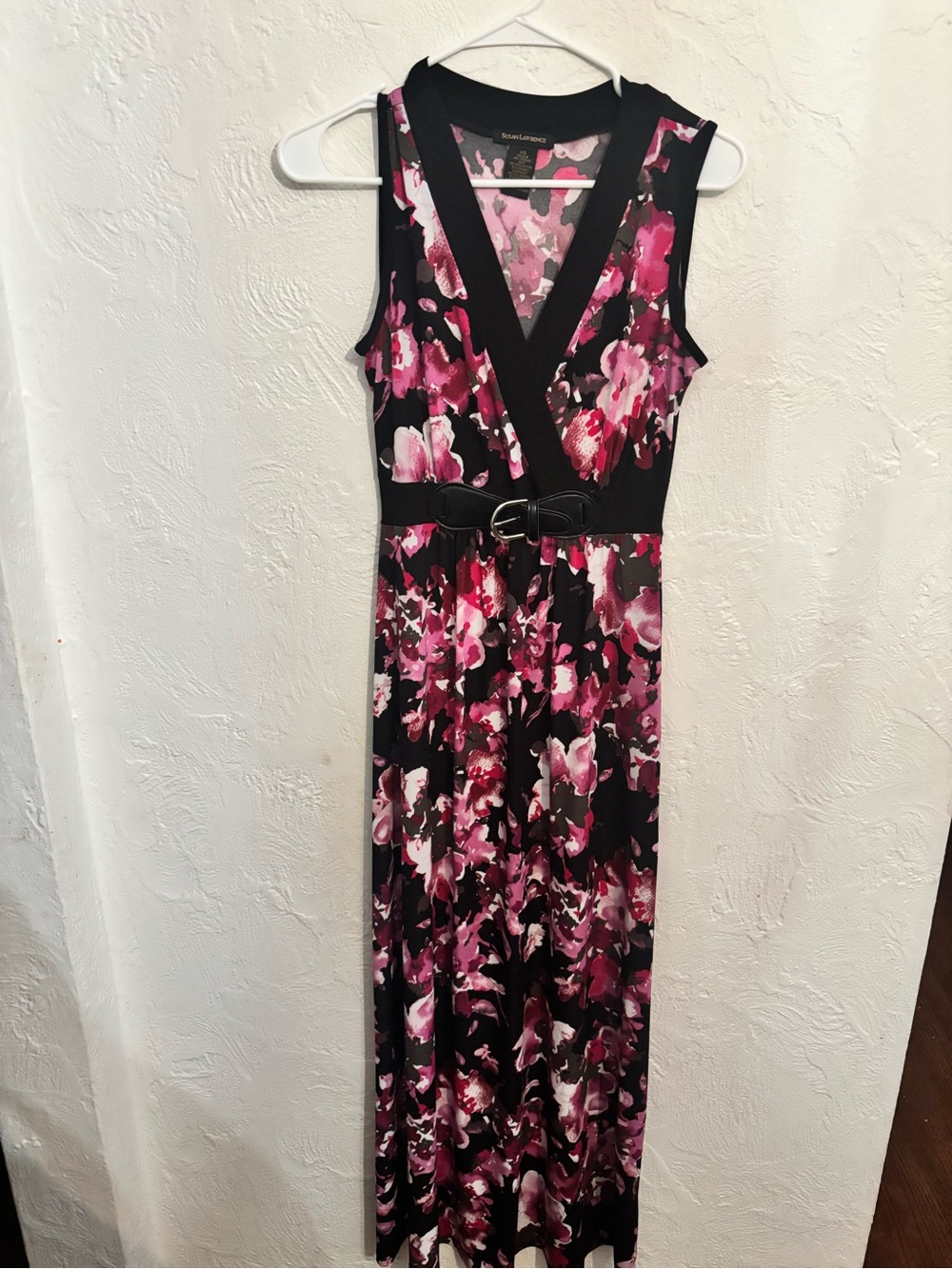 Susan Lawrence Black Maxi Dress with Pink Floral Print and Belt